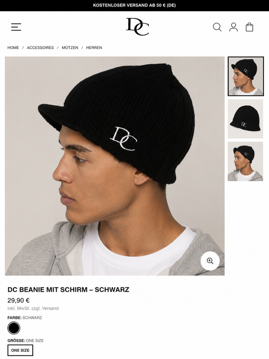 DC-W-440-Jugendliche Strickmütze in Schwarz mit eingearbeitetem Schirm