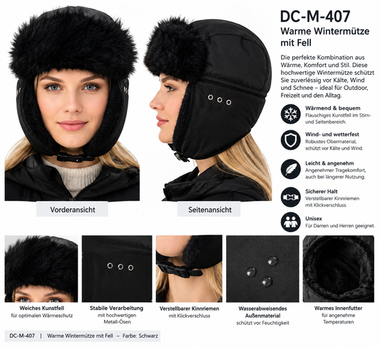 DC-M-407-Trendy Mütze mit langen Ohrenklappen und Verschluß am Hals.