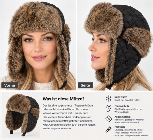 Ushanka-Mütze DC-W-508-mit langen Ohrenklappen und Verschluß am Hals