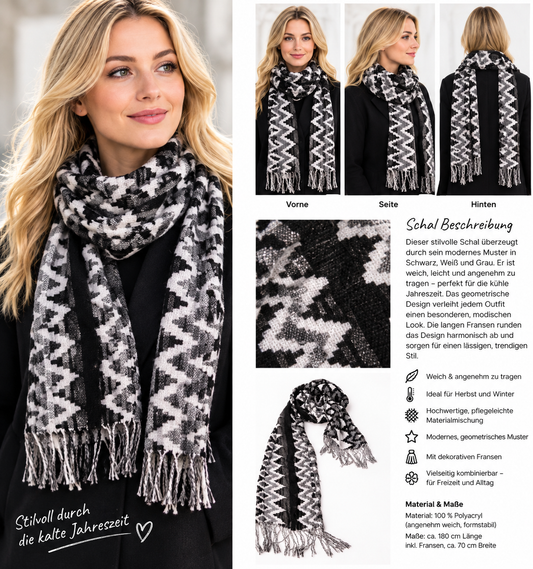 Herbstschal – warm, weich und stilvoll 🍂DC-W-308- Schwarz-Weiß-Grau